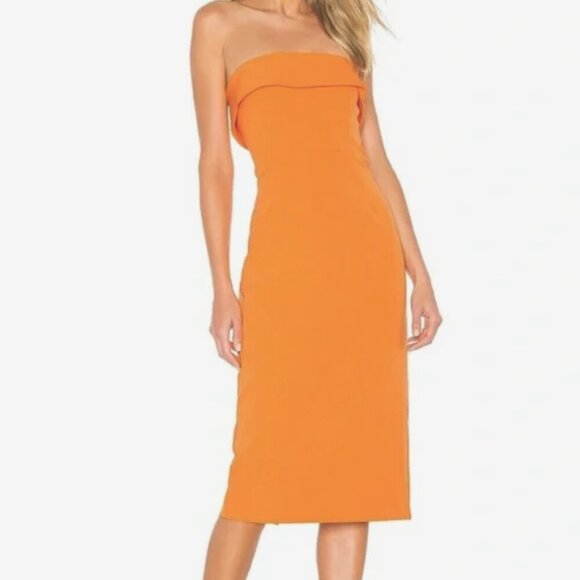 Women’s Orange Idem Ditto Strapless Fitted Midi Large Dress Back Zipper & Slit - Picture 2 of 9